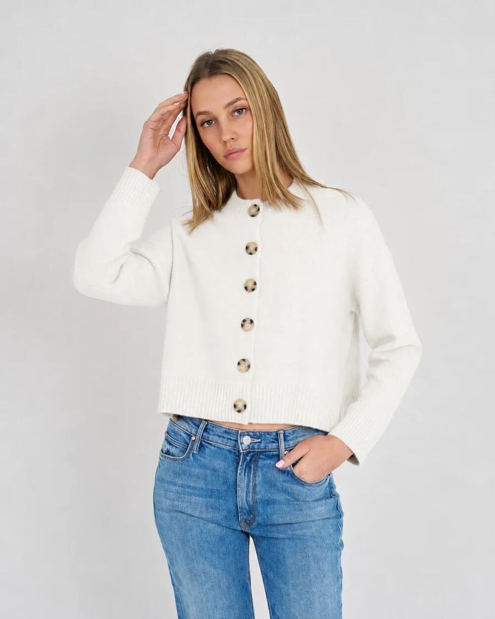 Archer Nina Cashmere Crew Neck Button Front Cardigan Cream M NWT